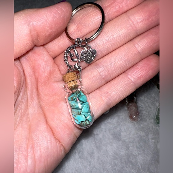 New Glass Wishing Bottle Keychain With Gemstone Chips - Picture 6 of 7